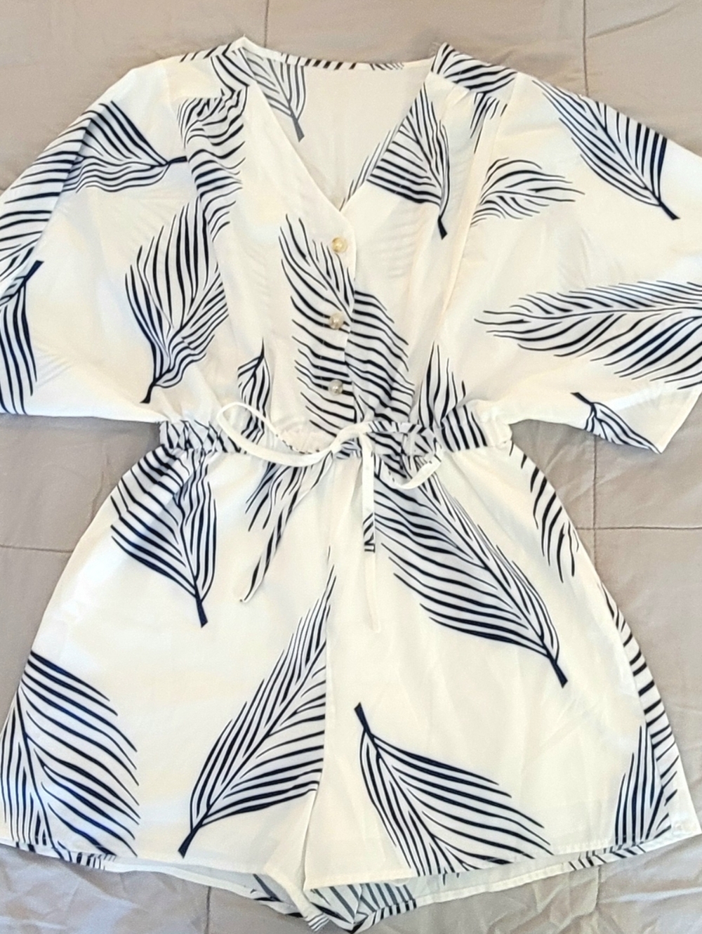 Women's White Romper with Navy Leaf Print